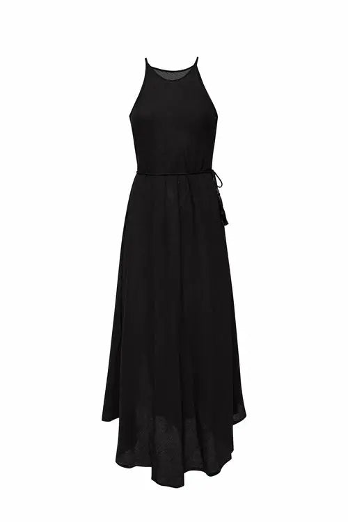 Black cotton silk long maxi dress with tie waist and high-low hem