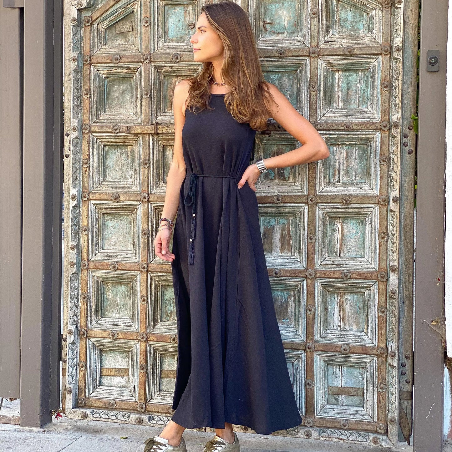 Cotton Silk Long Maxi Dress with tie waist, side slits, paired with metallic gold sneakers
