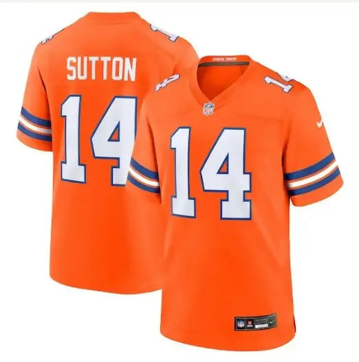Orange American football jerseys with white numbers and names from the Denver Broncos Mile High Collection