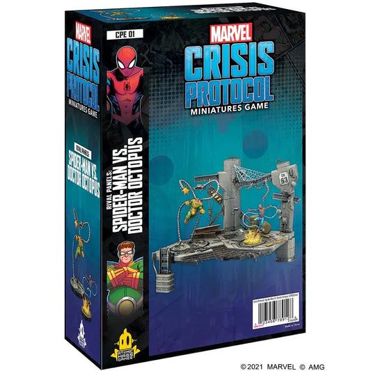 Marvel Crisis Protocol miniatures game box featuring Doctor Octopus and Spider-Man characters