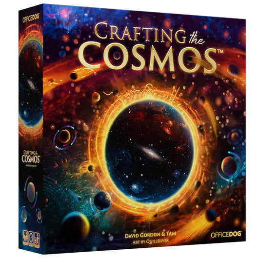 Crafting the Cosmos board game box with power cards and life tokens for Office Dog