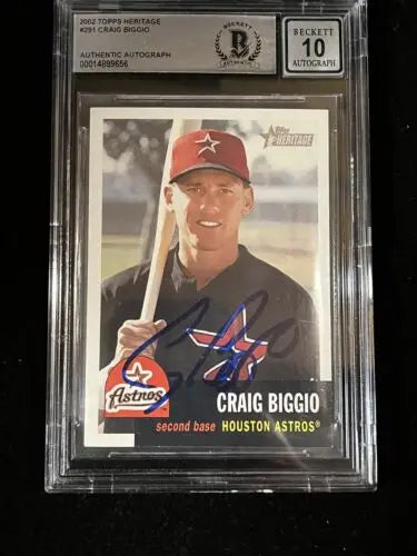 Graded Craig Biggio autographed baseball card from 2002 Topps Heritage Houston Astros