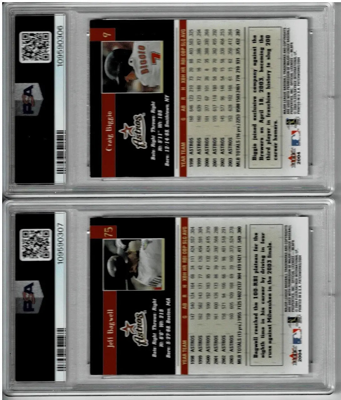 Two graded baseball cards in protective cases featuring Craig Biggio and Jeff Bagwell Fleer Patchworks