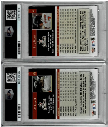 Two graded baseball cards in protective cases featuring Craig Biggio and Jeff Bagwell Fleer Patchworks