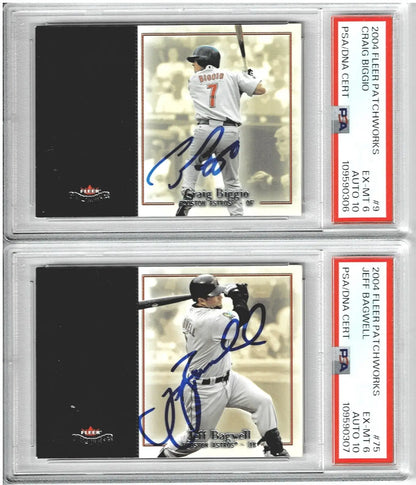 Signed baseball card pair featuring Craig Biggio and Jeff Bagwell from 2004 Fleer Patchworks