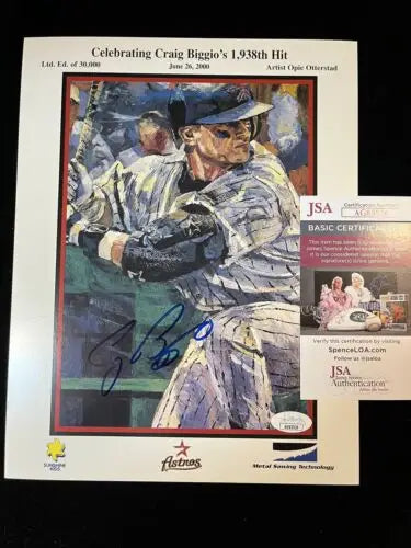 Signed Craig Biggio commemorative print celebrating 1938th hit Astros Stadium promo
