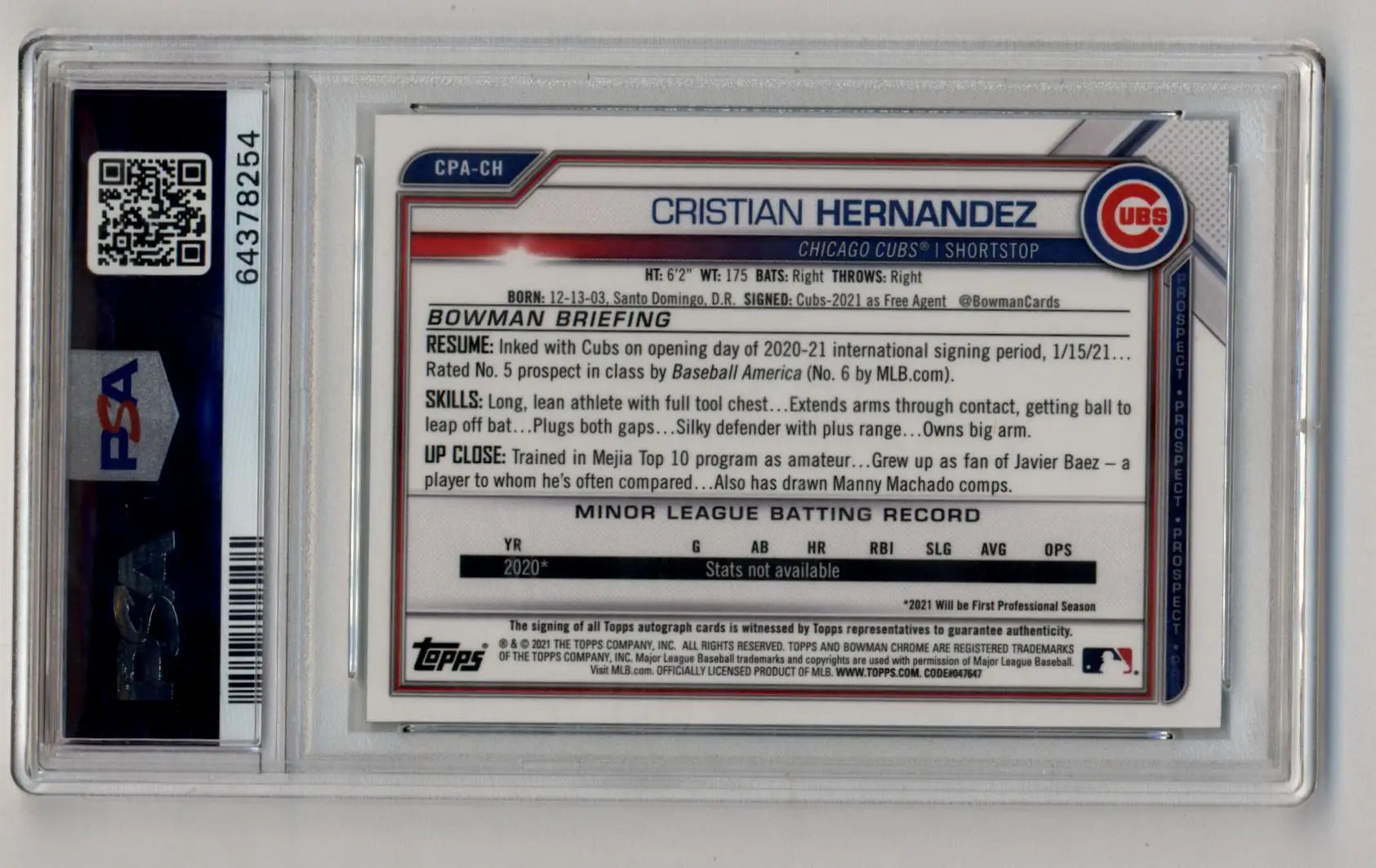 PSA-graded Cristian Hernandez Bowman Chrome Green Refractor baseball card with auto