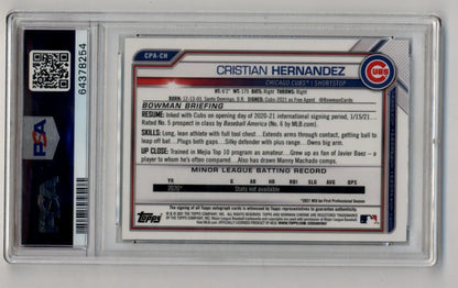 PSA-graded Cristian Hernandez Bowman Chrome Green Refractor baseball card with auto
