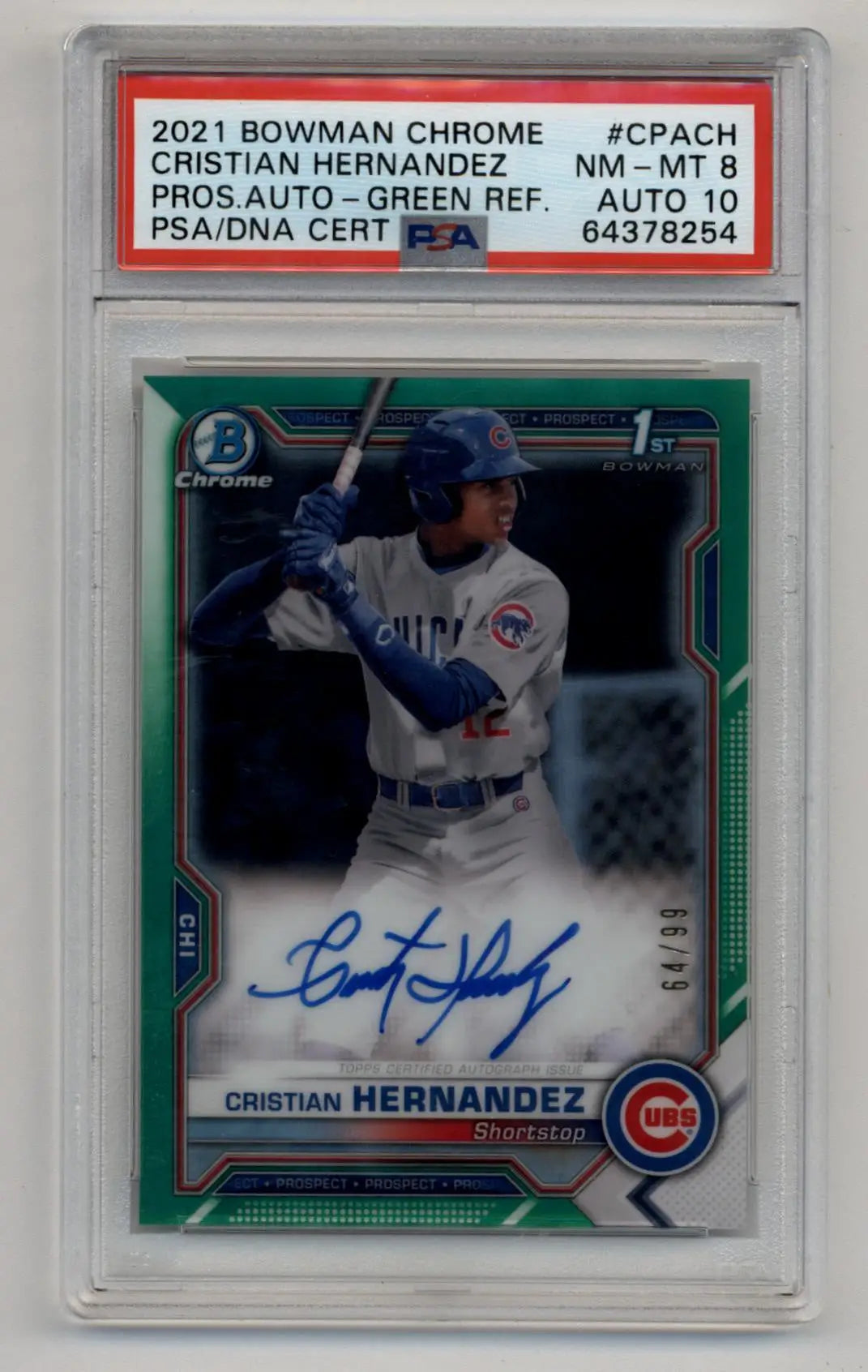 Cristian Hernandez 2021 Bowman Chrome Green Refractor Auto 64/99 PSA 8 Near Mint