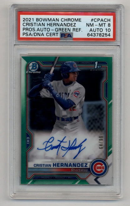 Cristian Hernandez 2021 Bowman Chrome Green Refractor Auto 64/99 PSA 8 Near Mint