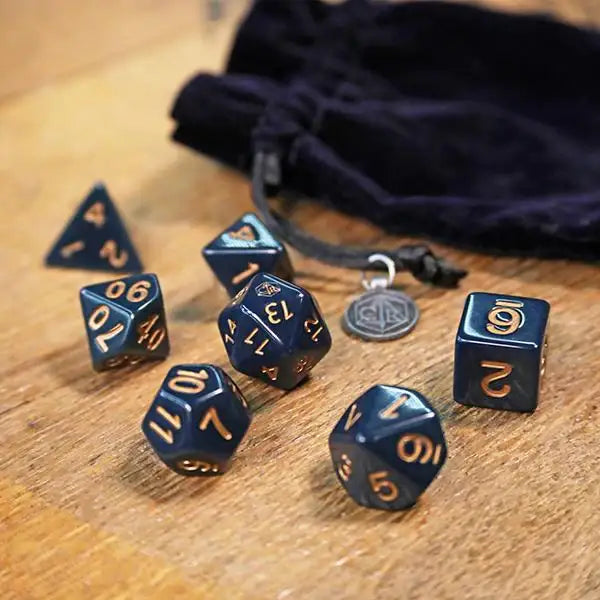 Blue and gold dice set from Critical Role Wildemount Dice Set for tabletop gaming