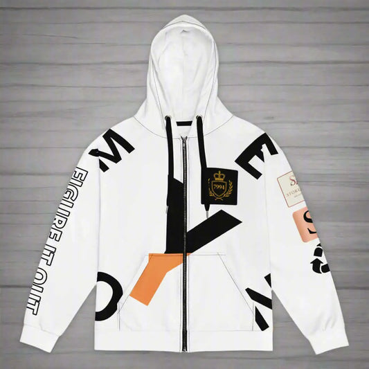 White crossroads unisex zip hoodie with black, orange, and rose gold graphic designs
