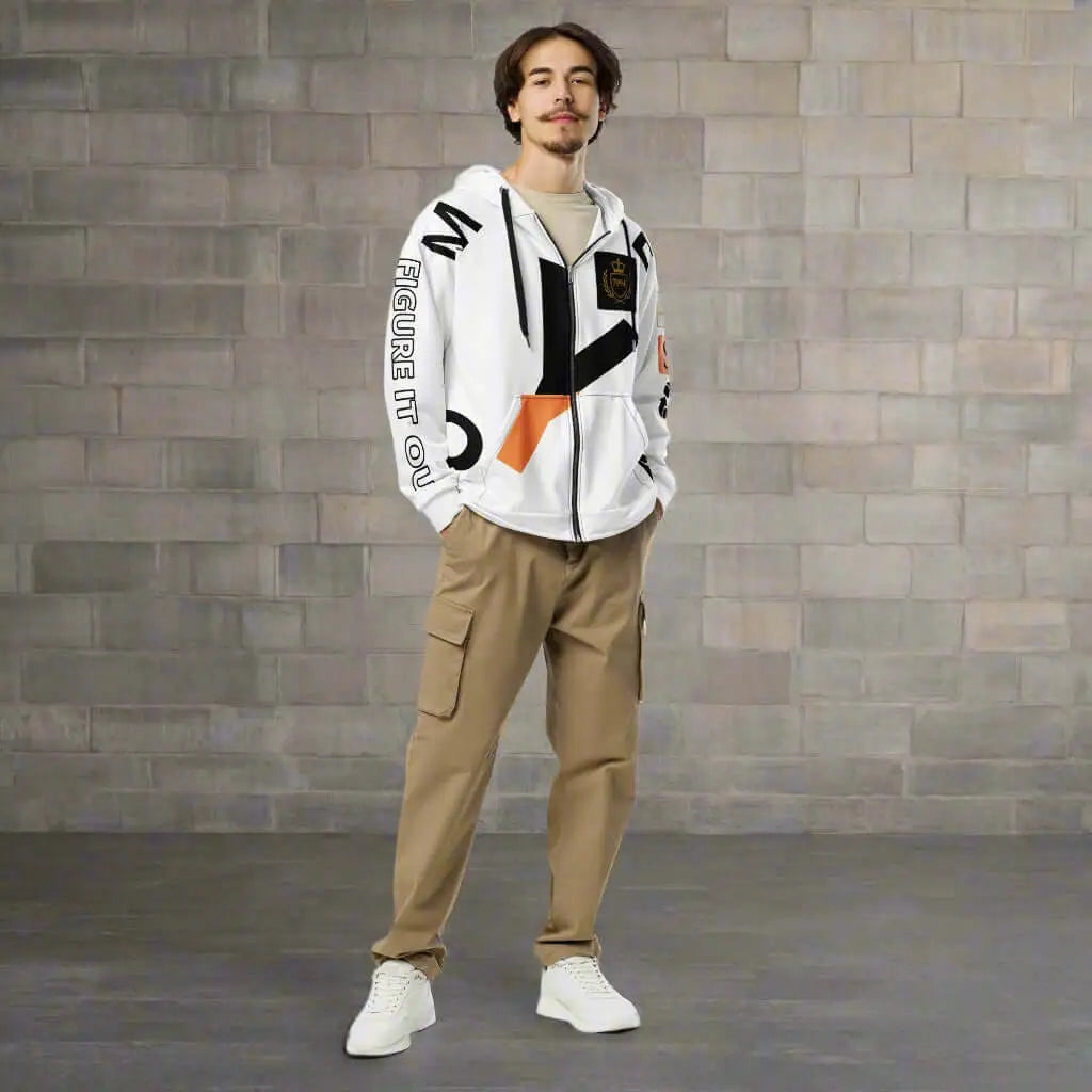 Unisex zip hoodie with abstract designs, tan cargo pants, and white sneakers
