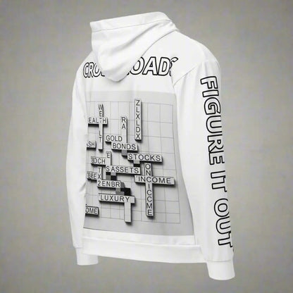 White CROSSROADS Unisex Zip Hoodie featuring a crossword puzzle design on the back