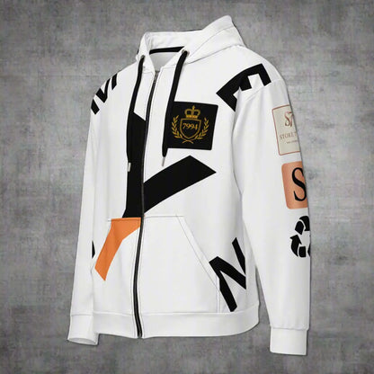 White CROSSROADS Unisex Zip Hoodie with rose gold, black, orange, and gold graphic designs