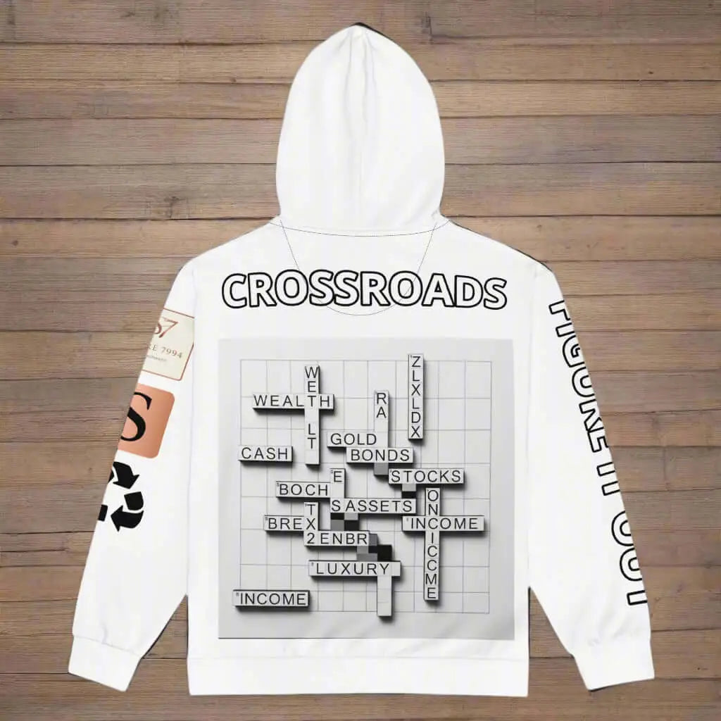 White hooded sweatshirt with crossword puzzle graphic, CROSSROADS Unisex Zip Hoodie