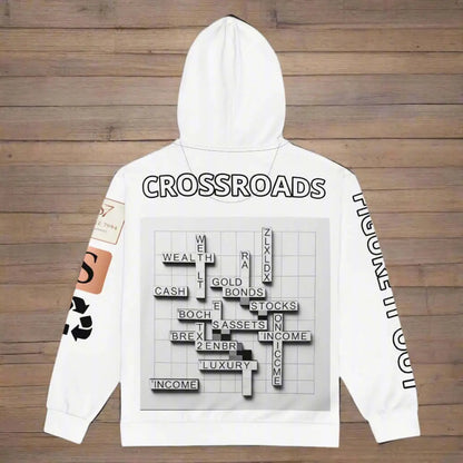 White hooded sweatshirt with crossword puzzle graphic, CROSSROADS Unisex Zip Hoodie