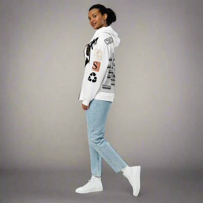 White crossroads unisex zip hoodie with graphics paired with light blue jeans