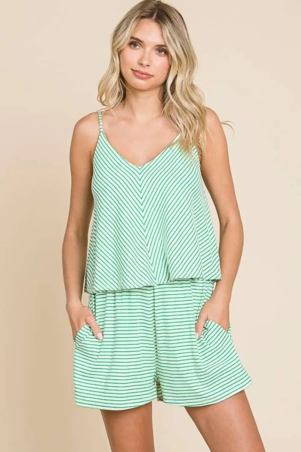 Culture Code Full Size Double Flare Striped Romper - Candy Green / S