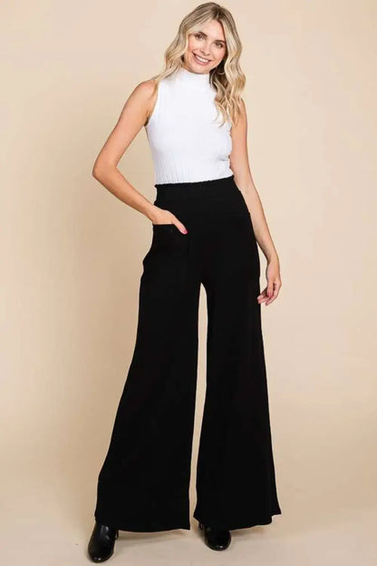 Culture Code Full Size High Waist Wide Leg Pants - BLACK / S