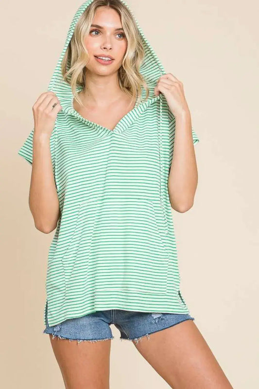 Culture Code Full Size Striped Short Sleeve Hooded Top - Candy Green / S