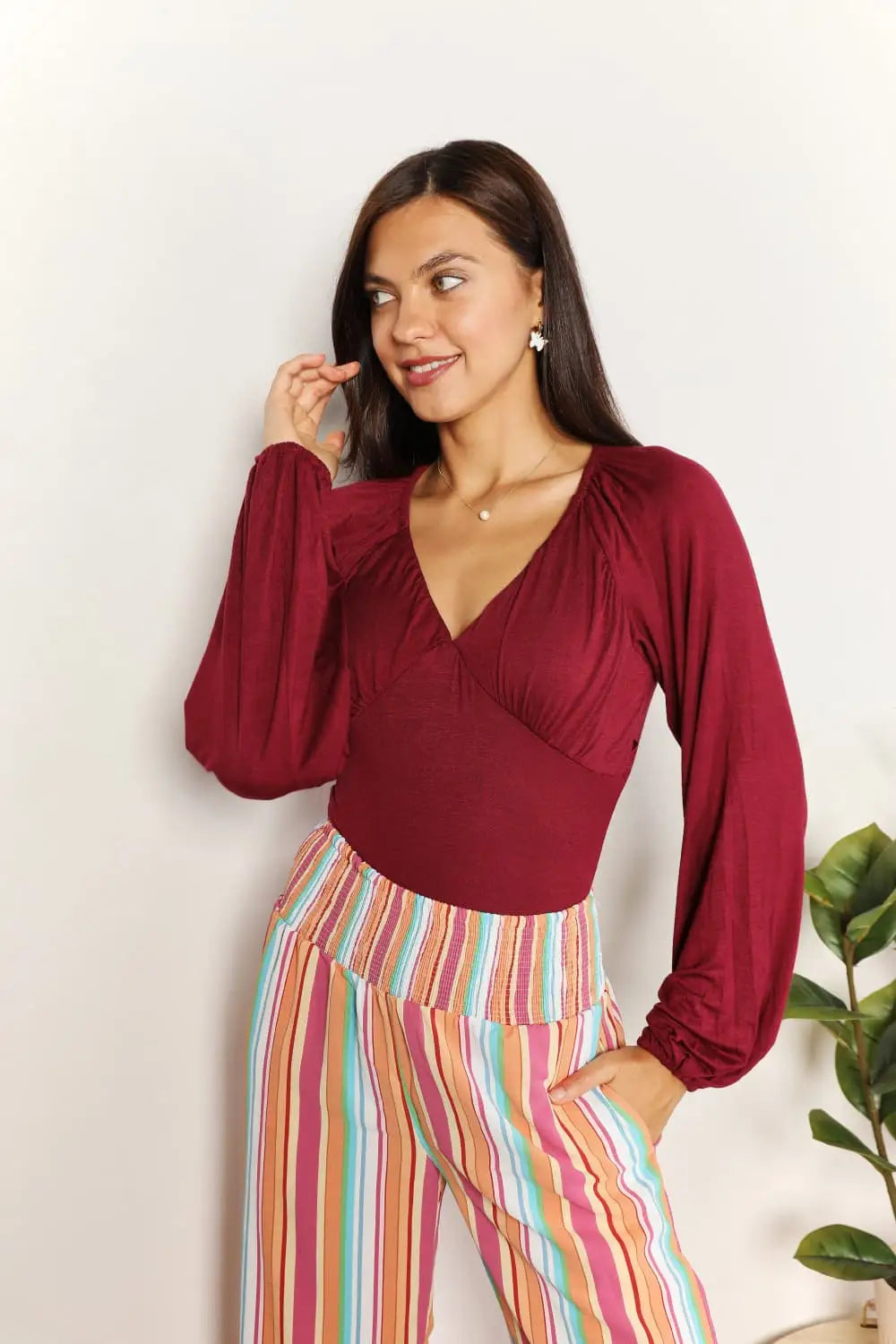 Culture Code Burgundy V-Neck Bodysuit with Ruched Sleeves and Peplum Hem