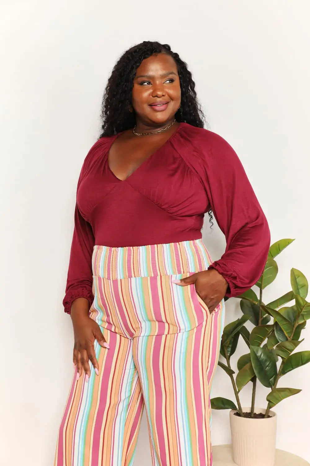 Culture Code multicolored striped high-waisted pants with elastic waistband for size V-neck bodysuit