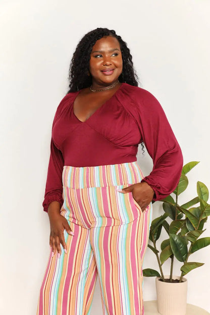 Culture Code multicolored striped high-waisted pants with elastic waistband for size V-neck bodysuit