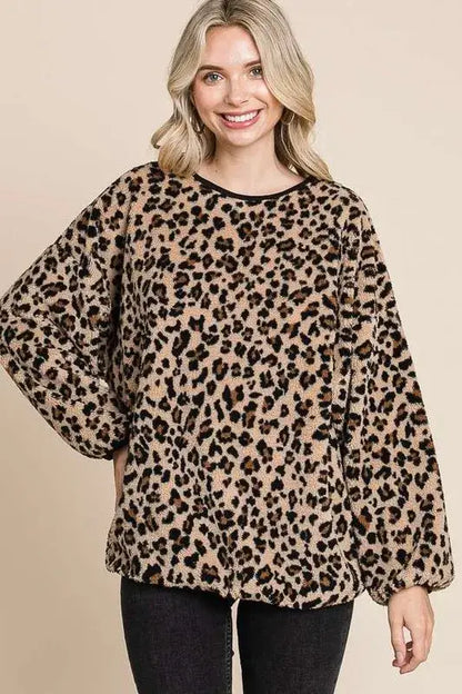Culture Code Leopard Faux Fur Round Neck Top - Brown / S