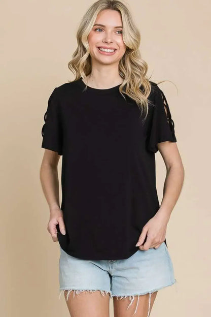 Culture Code Round Neck Crisscross Short Sleeve T-Shirt - Black / S