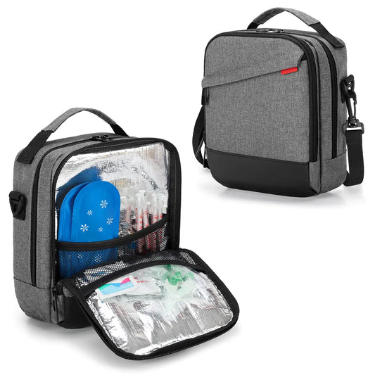 Insulated gray diabetic supplies bag with shoulder strap, Curmio Insulin Cooler Travel Case