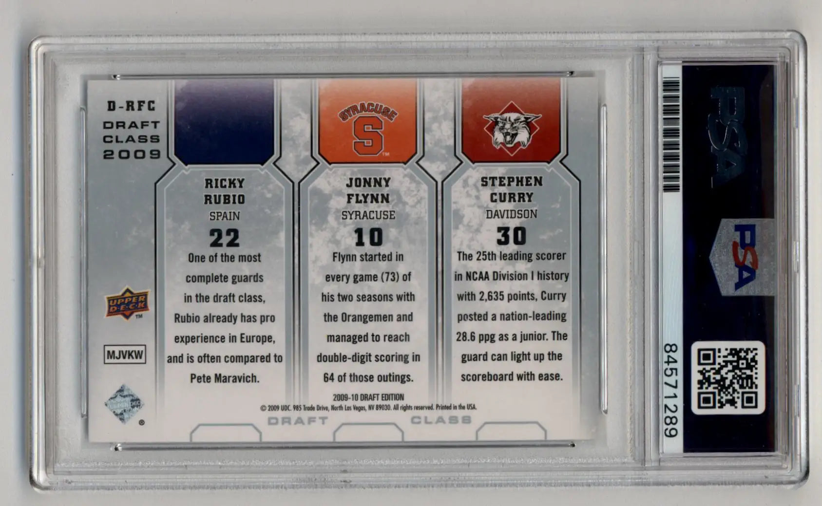 Graded basketball trading card featuring Ricky Rubio, Jonny Flynn, and Stephen Curry from Draft Edition PSA Authentic Auto