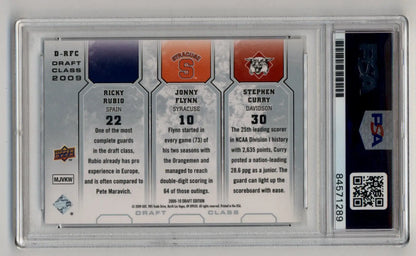 Graded basketball trading card featuring Ricky Rubio, Jonny Flynn, and Stephen Curry from Draft Edition PSA Authentic Auto