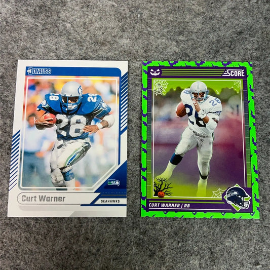 Two Curt Warner Seattle Seahawks football trading cards in the 2024 NFL sports set