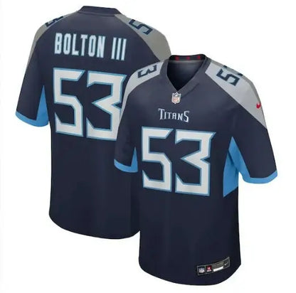Navy blue Curtis Bolton III Tennessee Titans football jersey with light blue accents and number 53