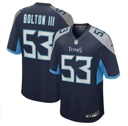 Navy blue Curtis Bolton III Tennessee Titans football jersey with light blue accents and number 53