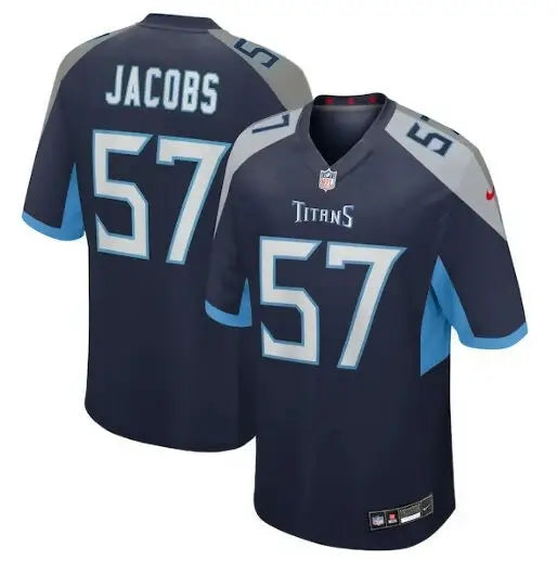 Navy Tennessee Titans Curtis Jacobs NFL jersey with JACOBS 57 on back and TITANS 57 front
