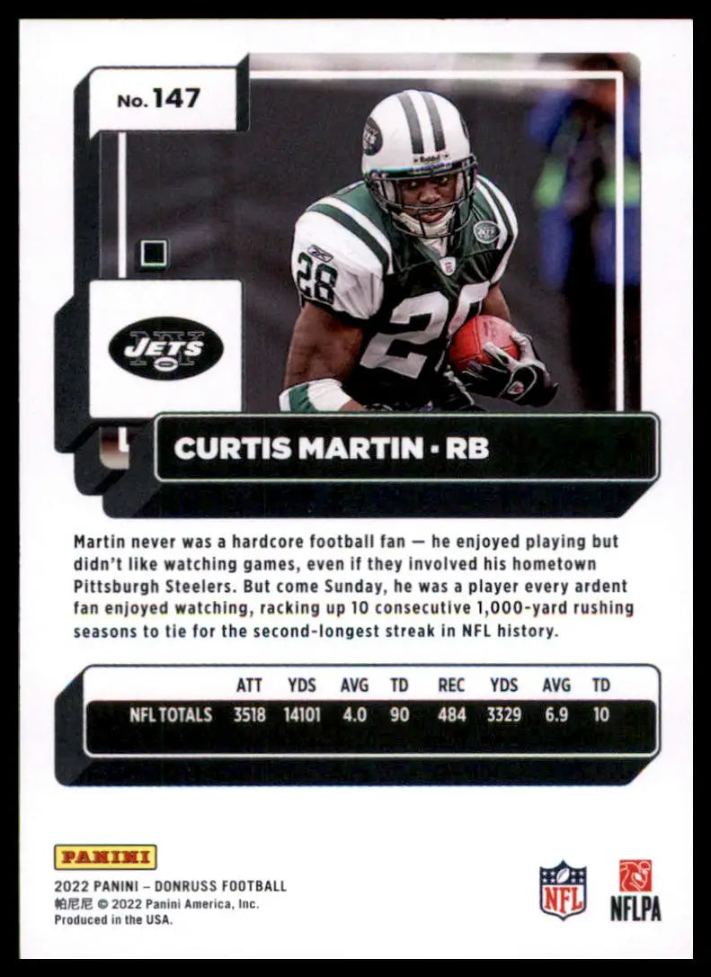 Curtis Martin football card from 2022 Donruss series featuring New York Jets player