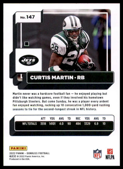 Curtis Martin football card from 2022 Donruss series featuring New York Jets player
