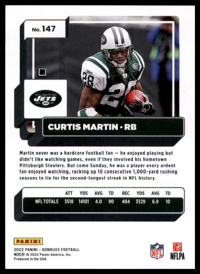 Curtis Martin football card from 2022 Donruss series featuring New York Jets player
