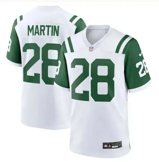 White and green Curtis Martin Jets Nike Classic Alternate jersey with number 28