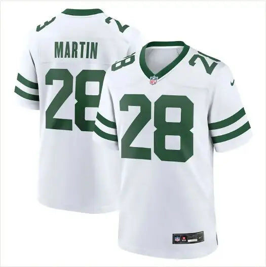 White Curtis Martin York Jets Nike game jersey with green numbers and lettering