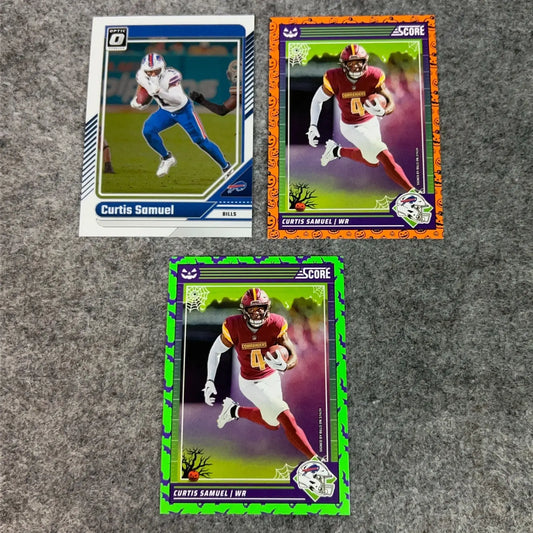 Three Curtis Samuel football trading cards from 2024 Panini NFL Sports collection