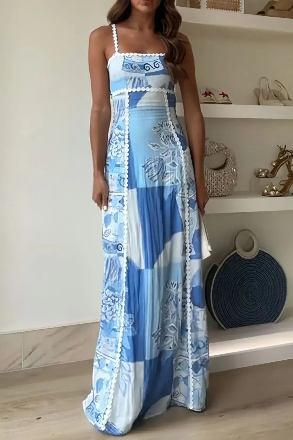 Cutout Back Printed Square Neck Maxi Dress - Light Blue / S - dress