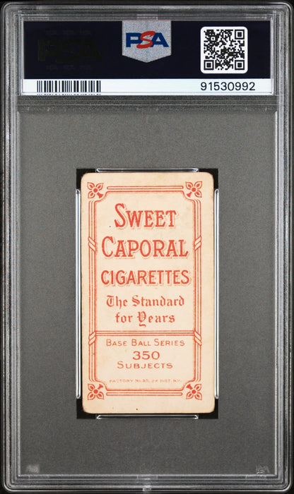 PSA-graded T206 Sweet Caporal cigarette card with red text on white background