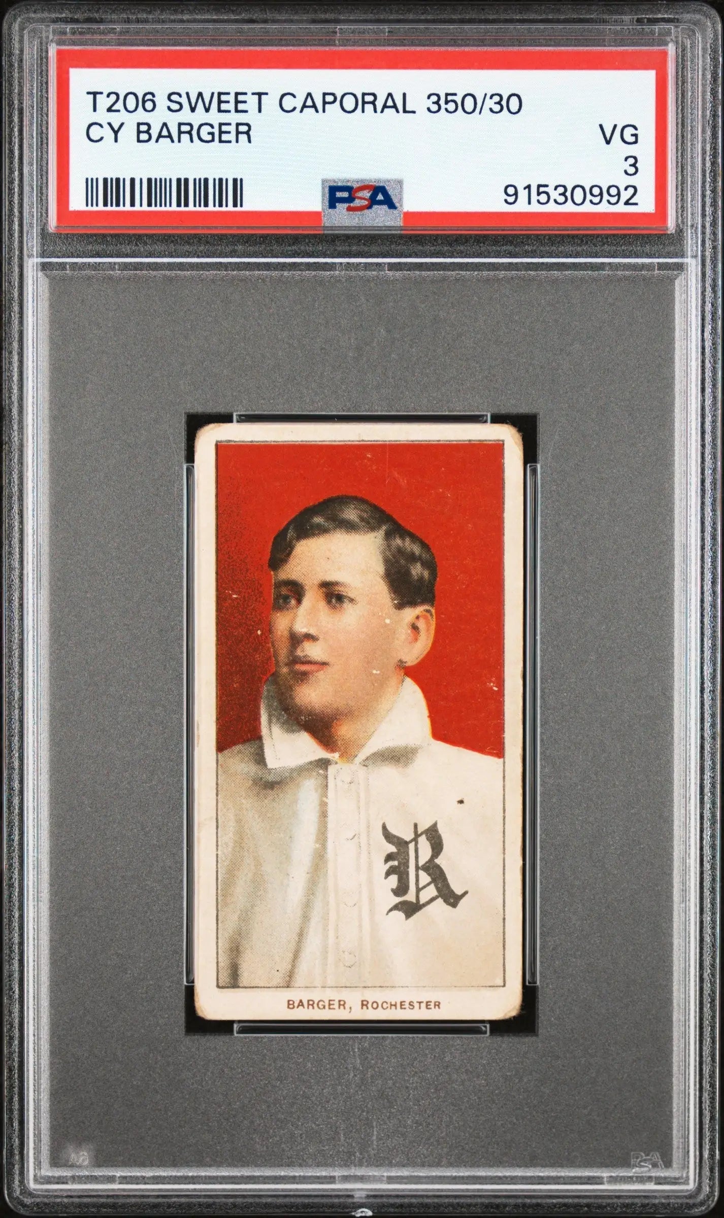 PSA-graded T206 Sweet Caporal baseball card of Cy Barger in Rochester uniform