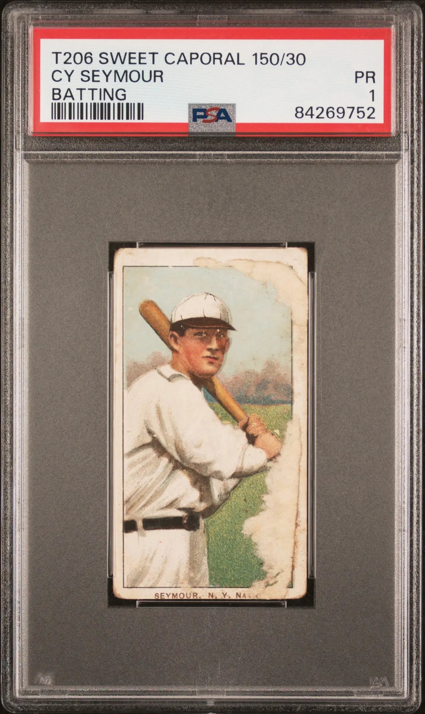 PSA-graded T206 Sweet Caporal Cy Seymour baseball card with bat in white uniform