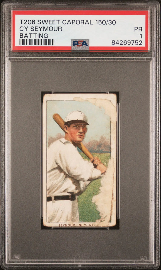 PSA-graded T206 Sweet Caporal Cy Seymour baseball card with bat in white uniform