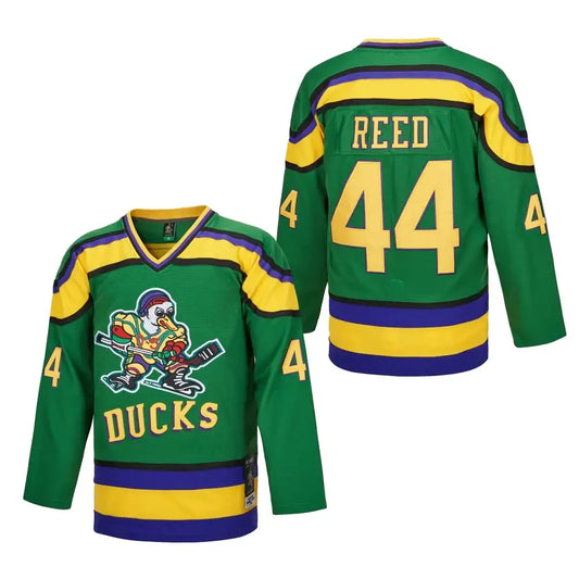 Green Mighty Ducks hockey jersey featuring team logos and player numbers for men