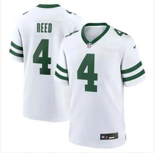 White York Jets Nike legacy football jersey with green trim and number 4